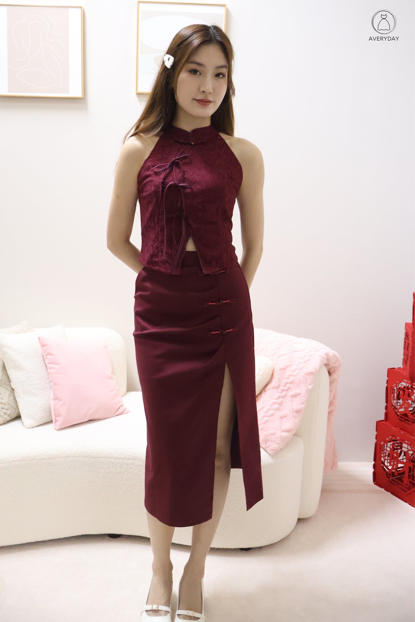 *CNY* 锦庭 (Jǐn Tíng) Dynasty  Ribbon Lace Oriental Top In Maroon