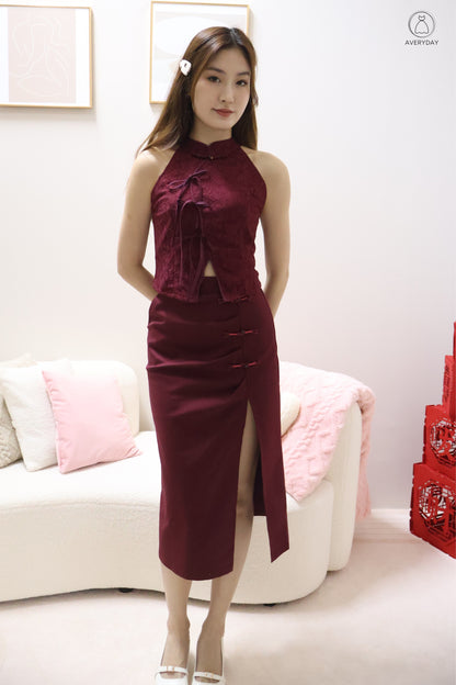 *CNY* 锦庭 (Jǐn Tíng) Dynasty  Ribbon Lace Oriental Top In Maroon