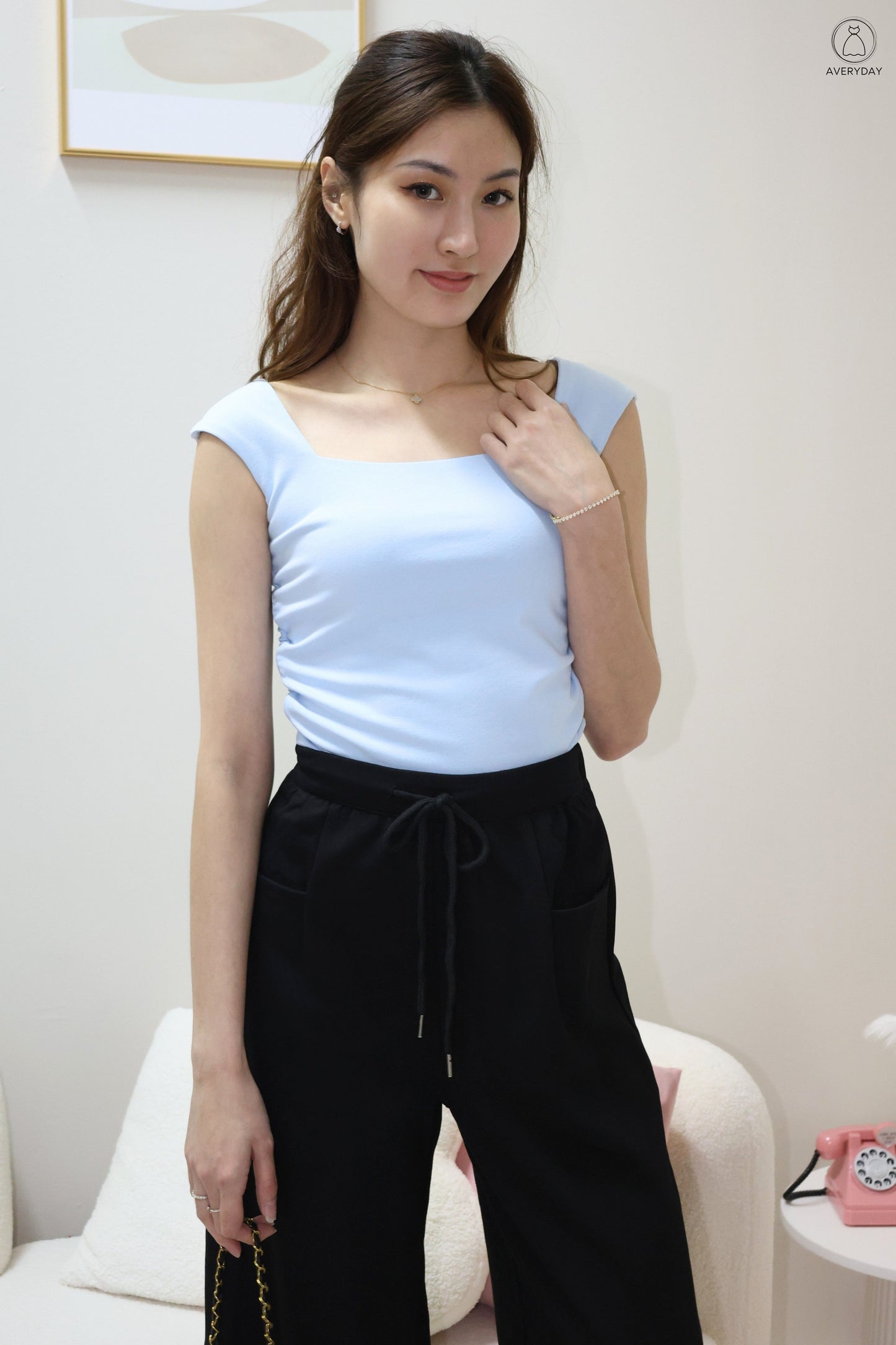 Noelle Square Neck Ruched Top In Blue