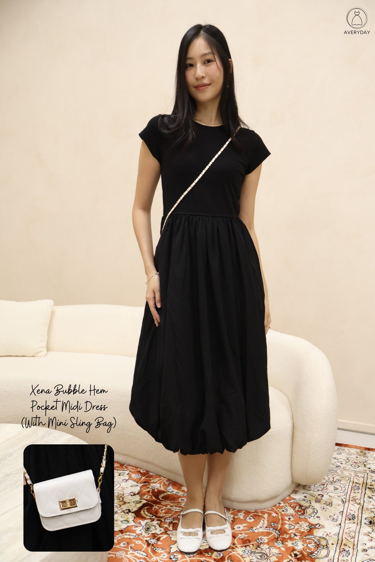 Xena Bubble Hem Pocket Midi Dress In Black (With Mini Sling Bag - White)