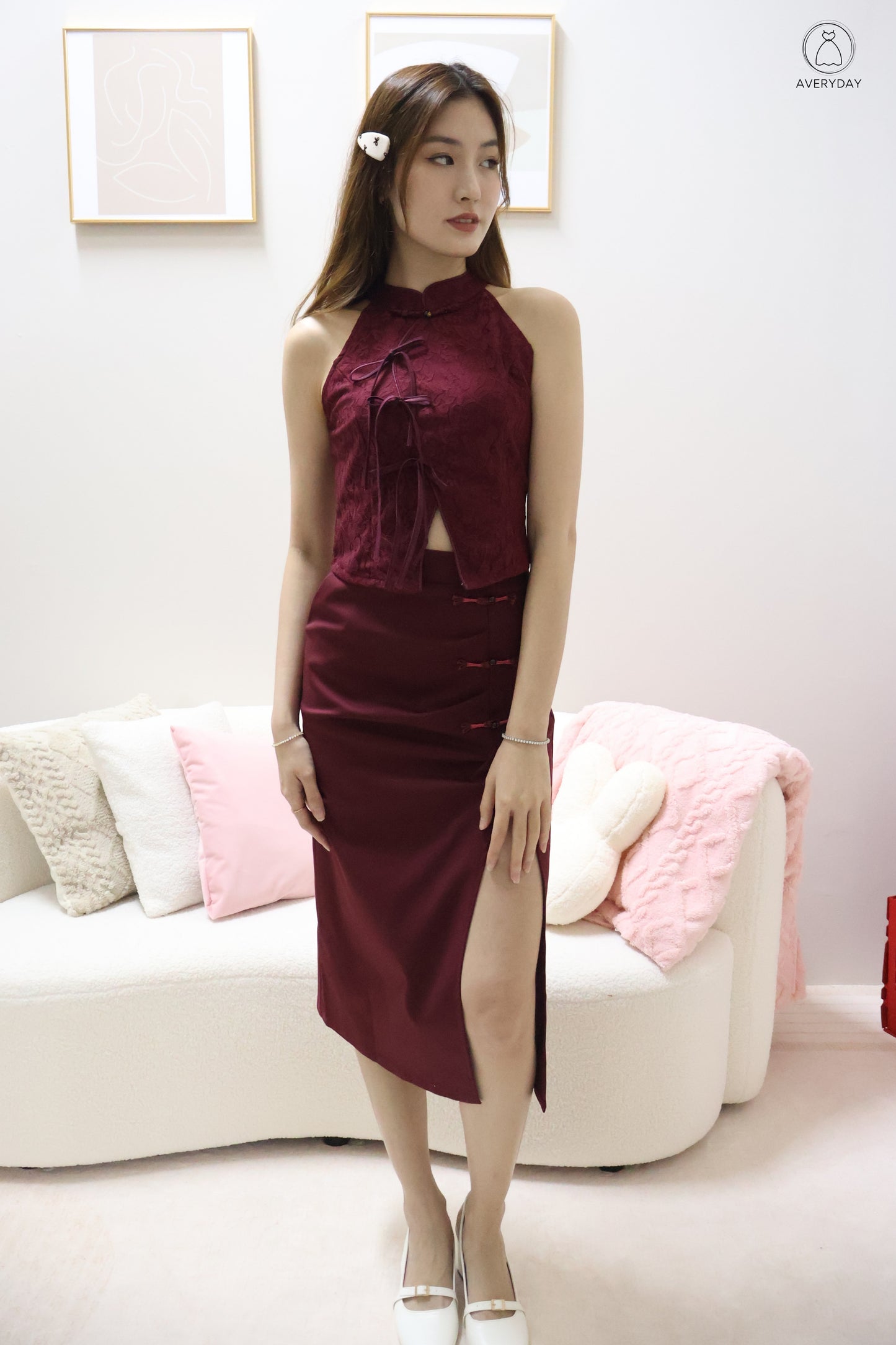 *CNY* 锦庭 (Jǐn Tíng) Dynasty  Ribbon Lace Oriental Top In Maroon