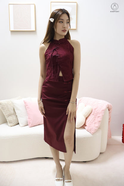 *CNY* 锦庭 (Jǐn Tíng) Dynasty  Ribbon Lace Oriental Top In Maroon