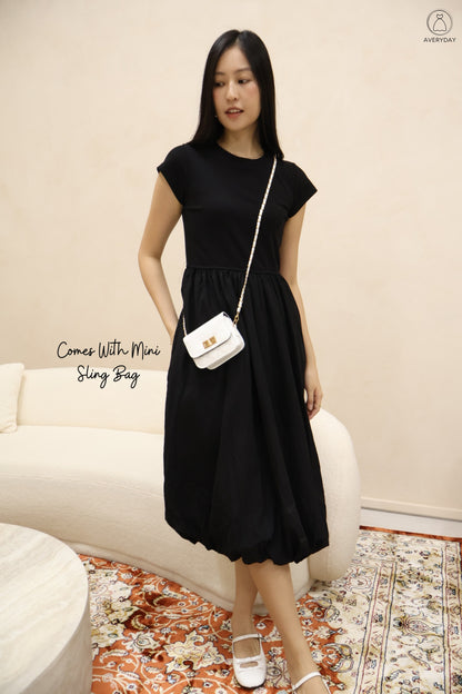 Xena Bubble Hem Pocket Midi Dress In Black (With Mini Sling Bag - White)