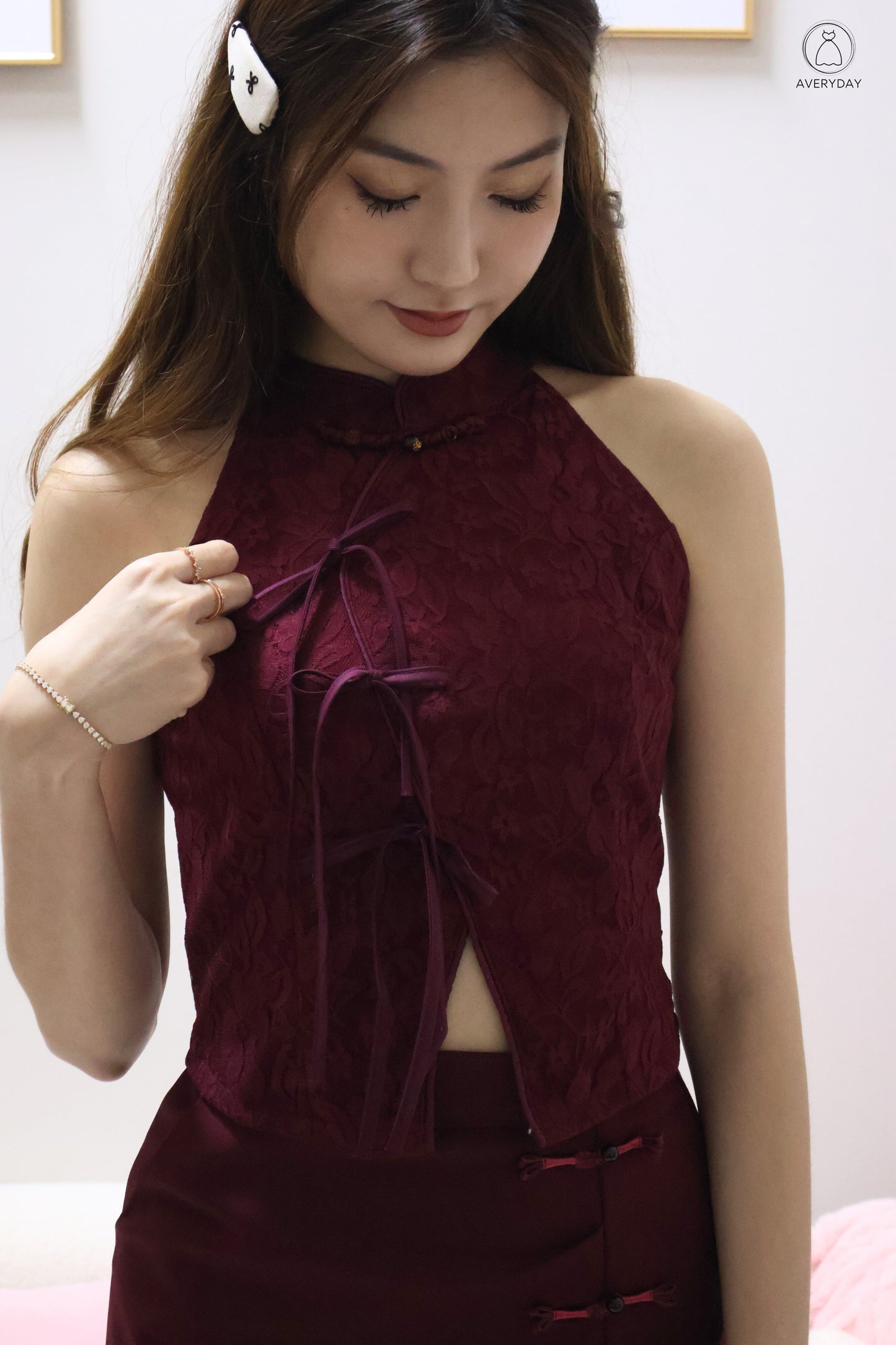 *CNY* 锦庭 (Jǐn Tíng) Dynasty  Ribbon Lace Oriental Top In Maroon