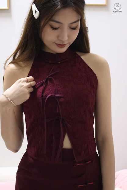 *CNY* 锦庭 (Jǐn Tíng) Dynasty  Ribbon Lace Oriental Top In Maroon