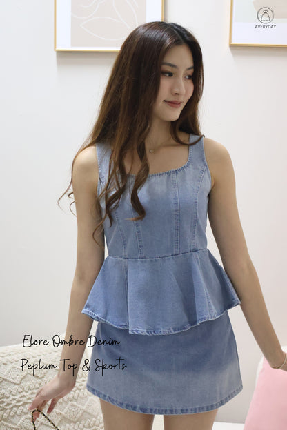 Elore Ombre Denim Peplum Top & Skorts Set In Light Wash
