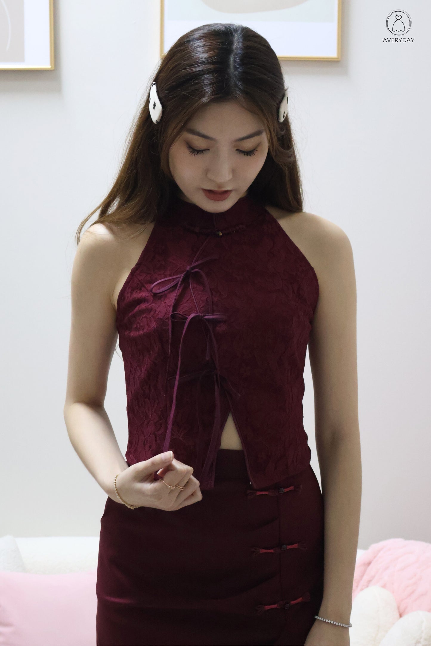 *CNY* 锦庭 (Jǐn Tíng) Dynasty  Ribbon Lace Oriental Top In Maroon