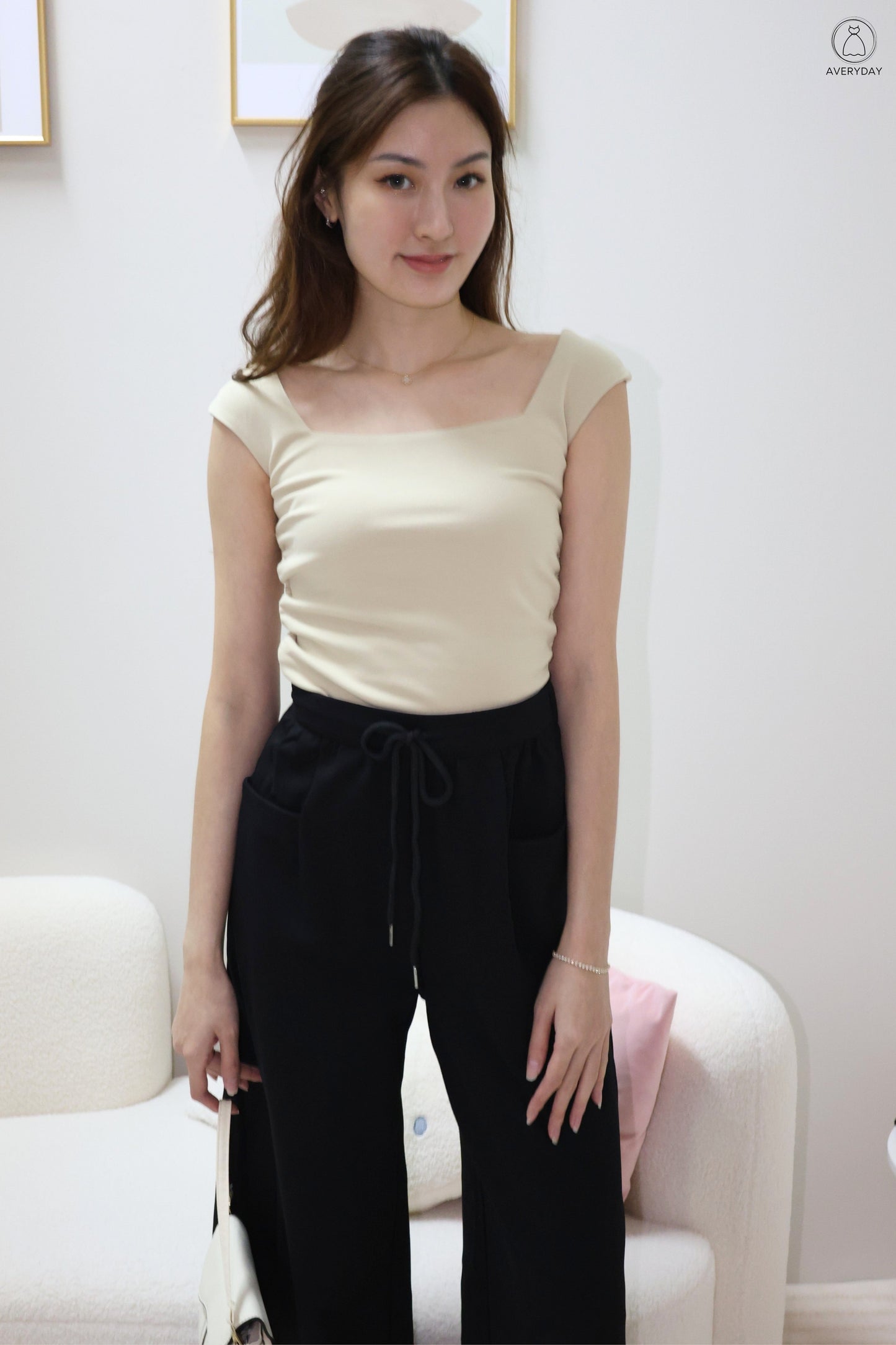 Noelle Square Neck Ruched Top In Khaki