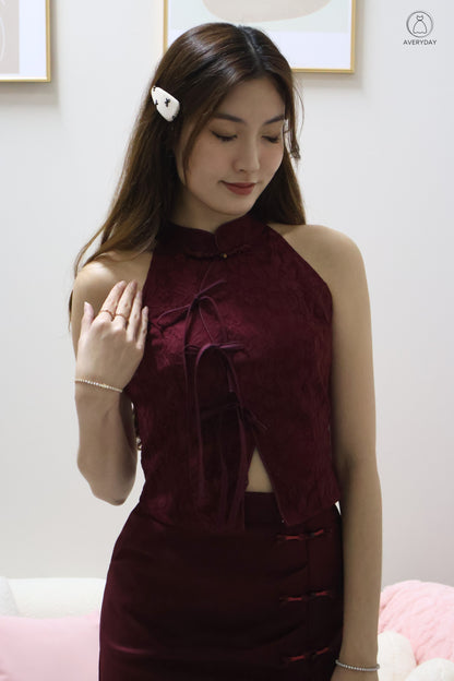 *CNY* 锦庭 (Jǐn Tíng) Dynasty  Ribbon Lace Oriental Top In Maroon