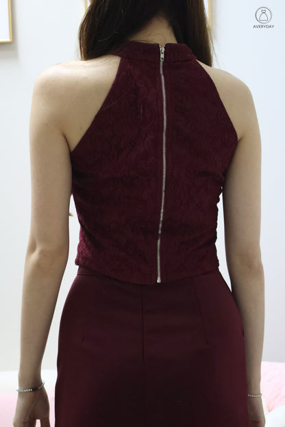 *CNY* 锦庭 (Jǐn Tíng) Dynasty  Ribbon Lace Oriental Top In Maroon