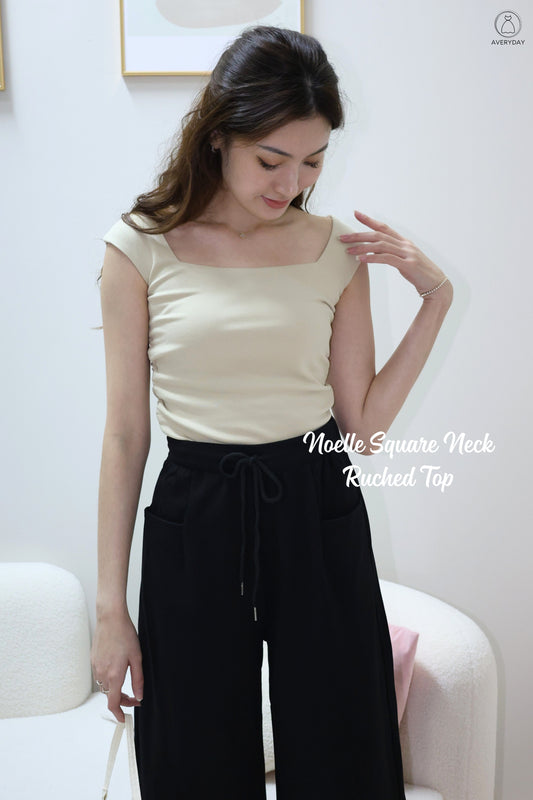 Noelle Square Neck Ruched Top In Khaki