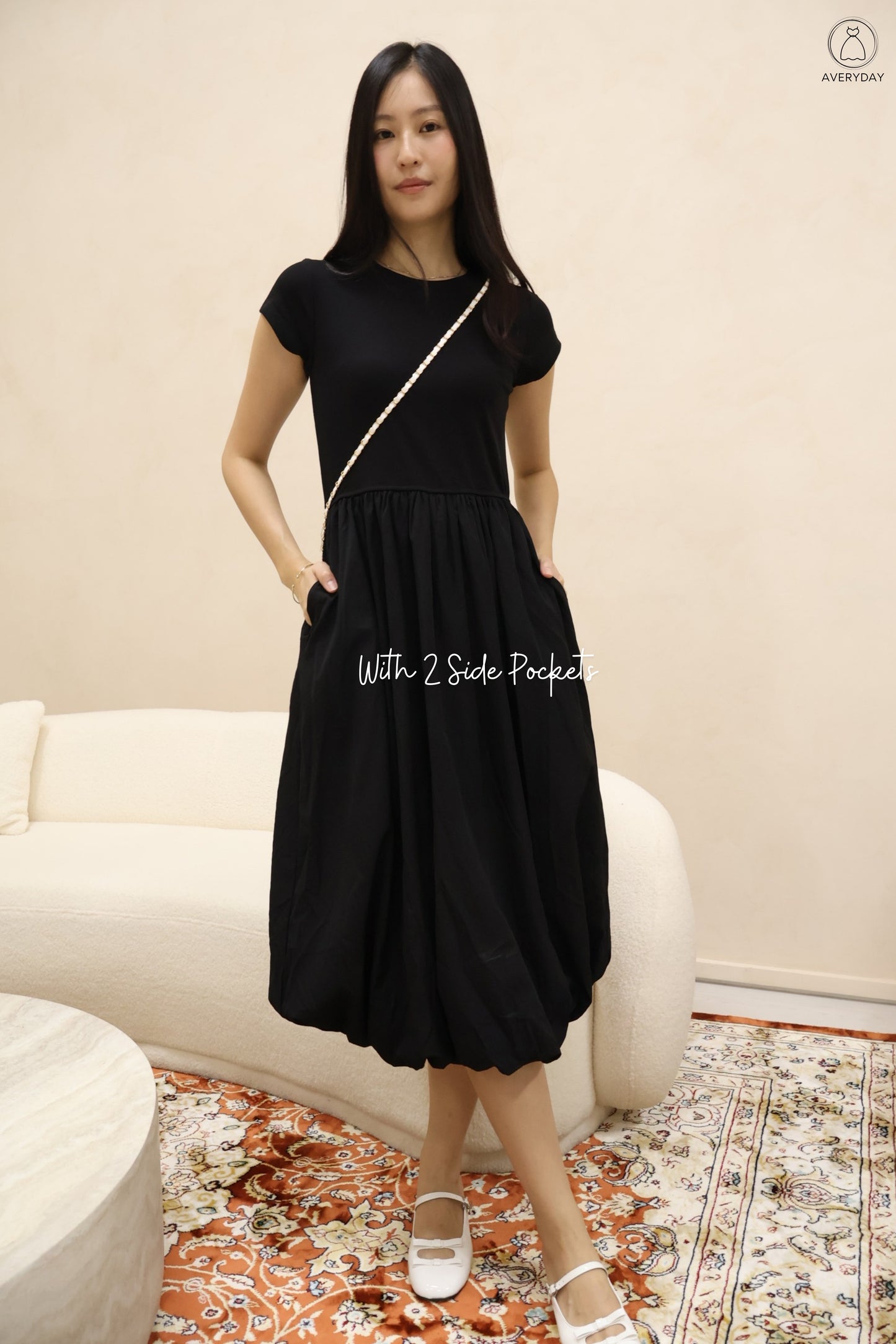 Xena Bubble Hem Pocket Midi Dress In Black (With Mini Sling Bag - White)