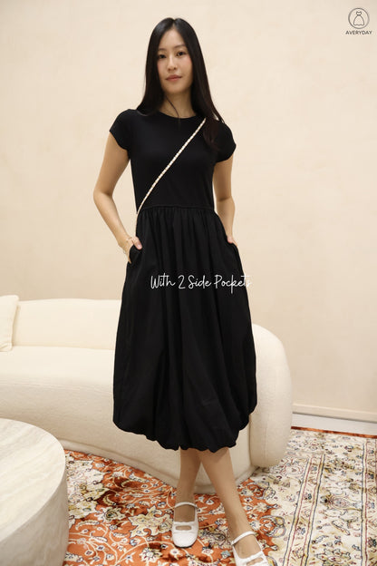 Xena Bubble Hem Pocket Midi Dress In Black (With Mini Sling Bag - White)