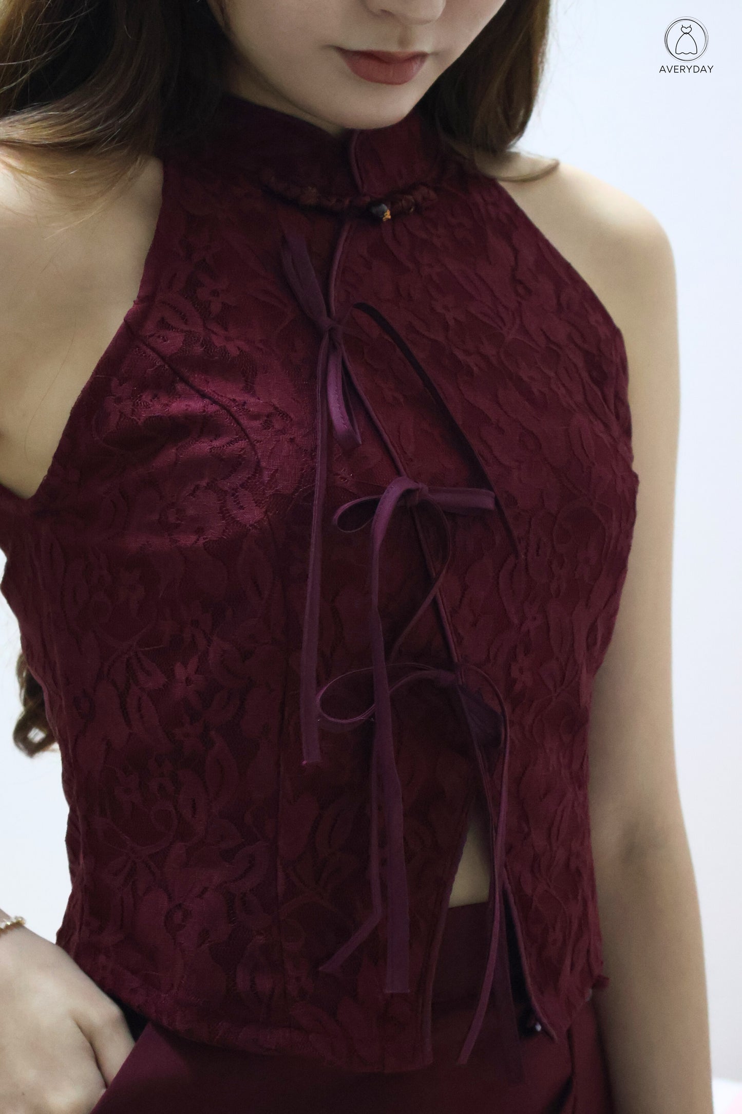 *CNY* 锦庭 (Jǐn Tíng) Dynasty  Ribbon Lace Oriental Top In Maroon