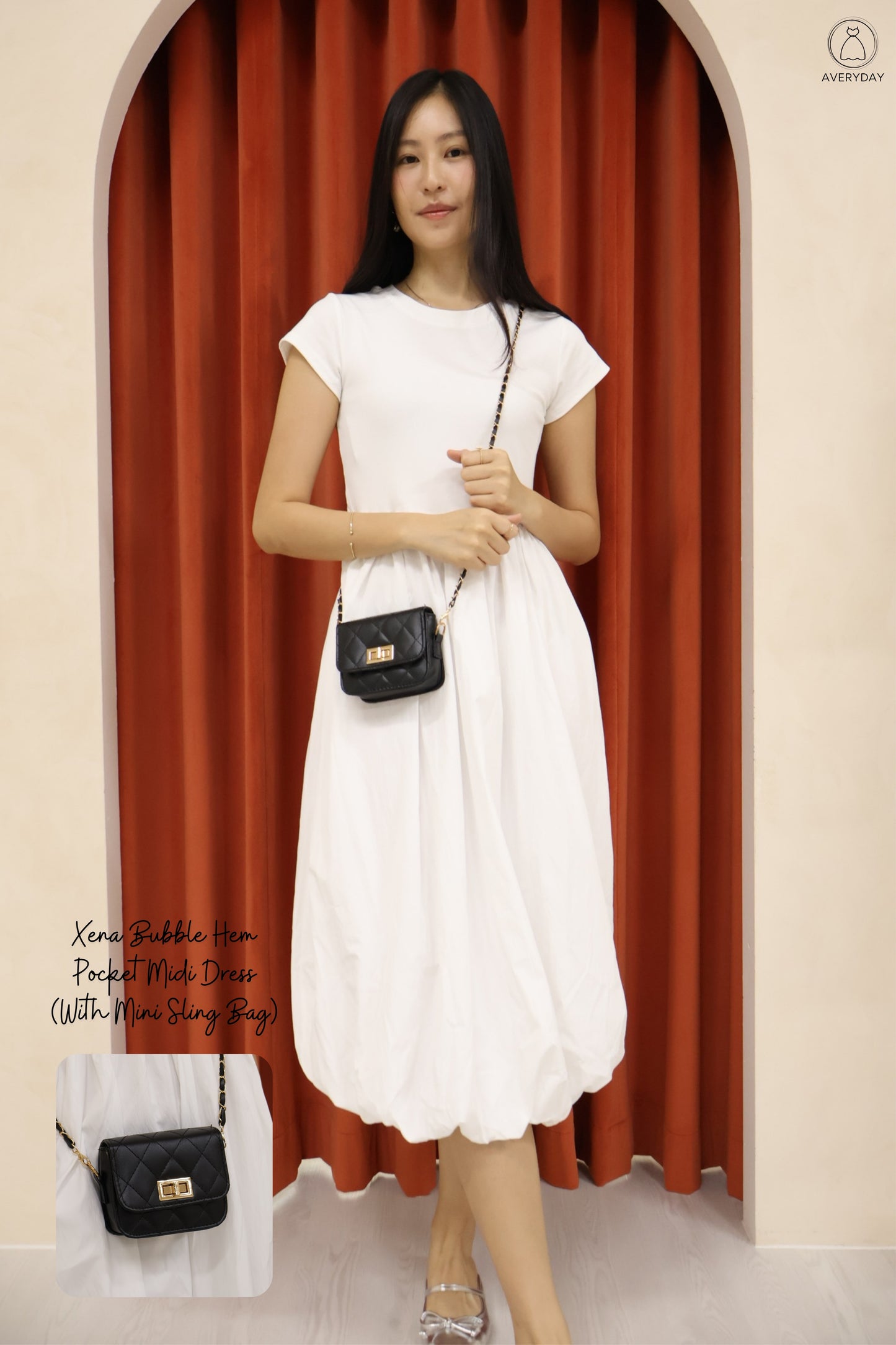 Xena Bubble Hem Pocket Midi Dress In White (With Mini Sling Bag - Black)