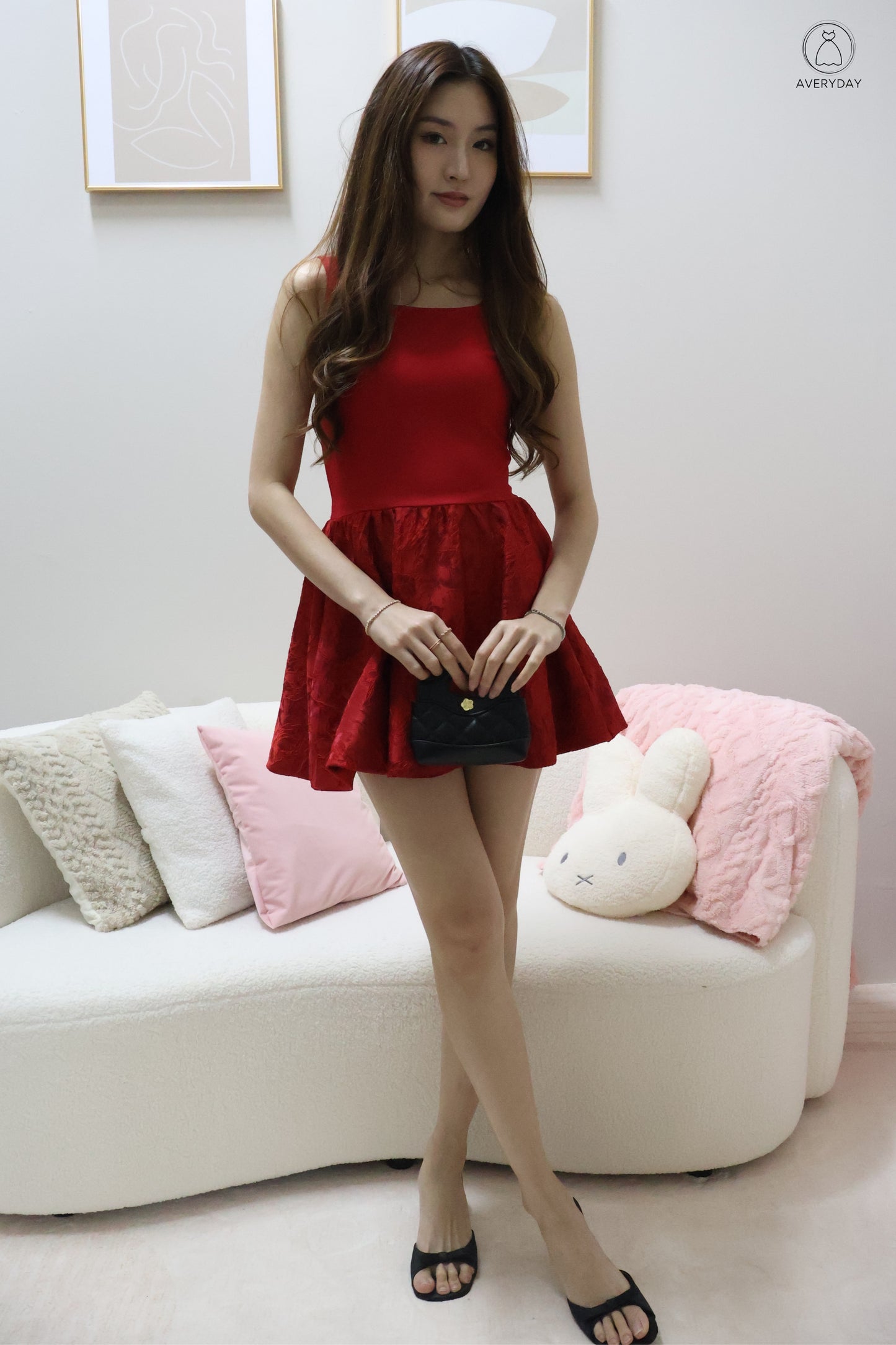 霓影 (Ní Yǐng) Festive  Bloom Lace Romper Dress In Scarlett (With Camellia Chain Sling)