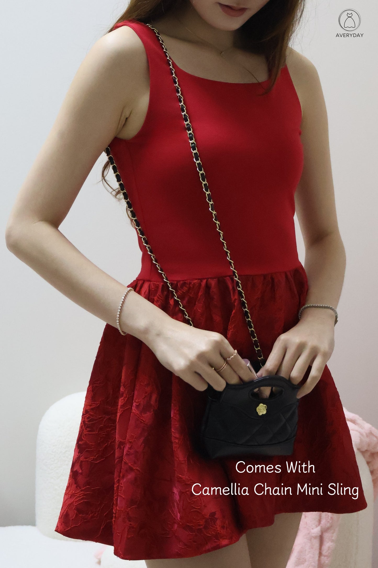 霓影 (Ní Yǐng) Festive  Bloom Lace Romper Dress In Scarlett (With Camellia Chain Sling)