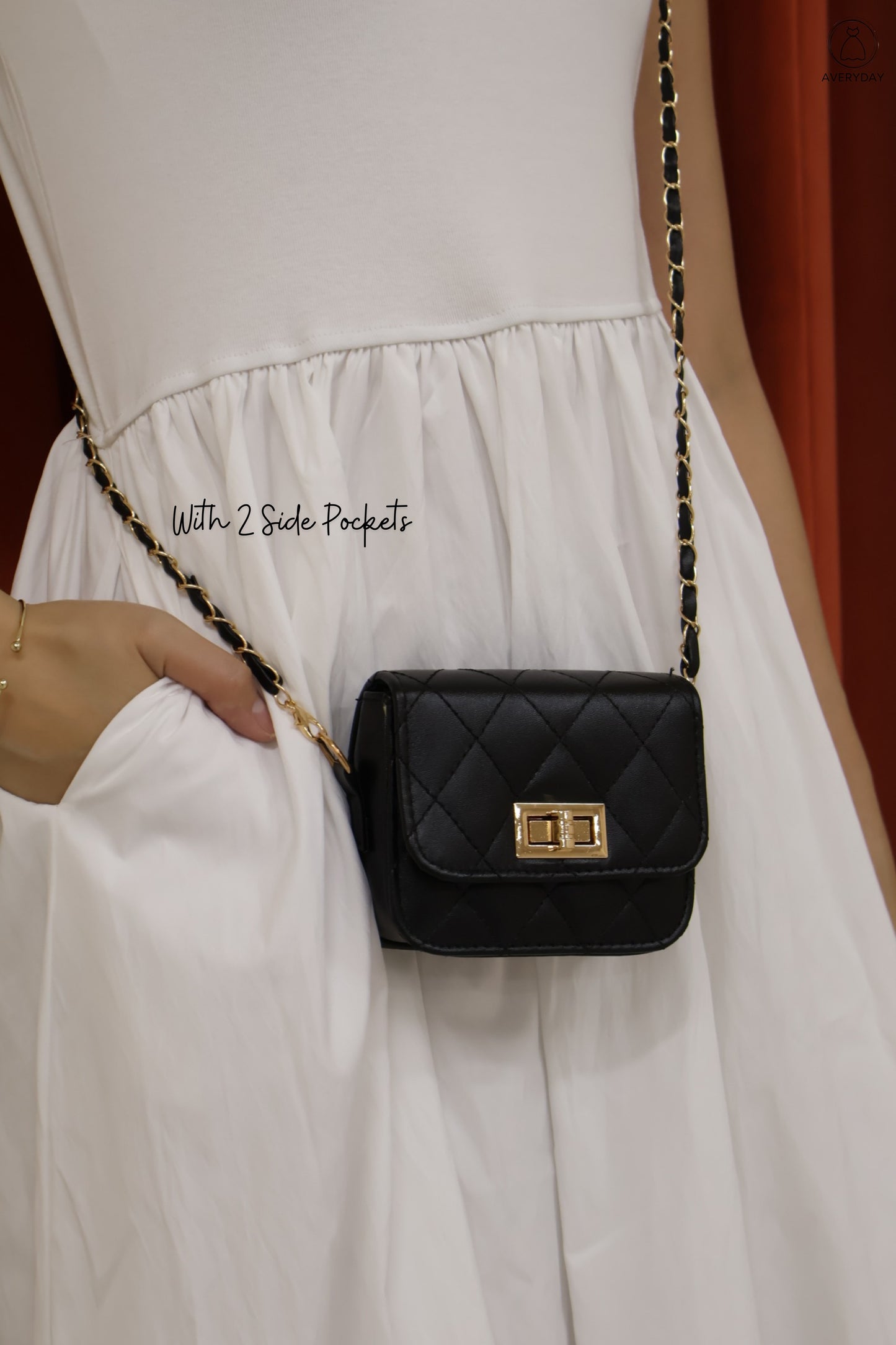 Xena Bubble Hem Pocket Midi Dress In White (With Mini Sling Bag - Black)