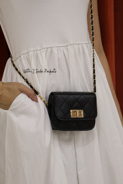 Xena Bubble Hem Pocket Midi Dress In White (With Mini Sling Bag - Black)