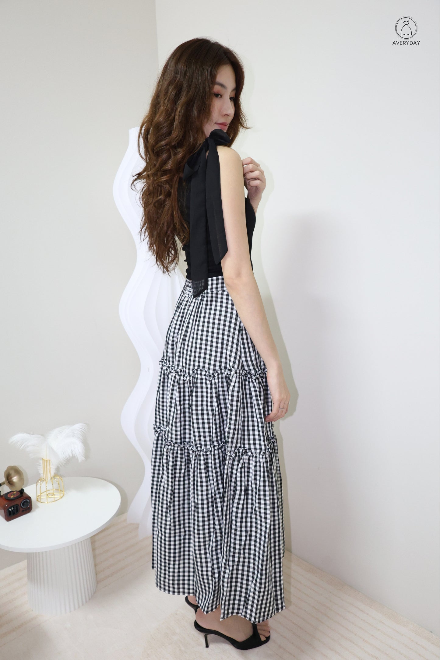 Adora Gingham Layered Pocket Skirt In Black