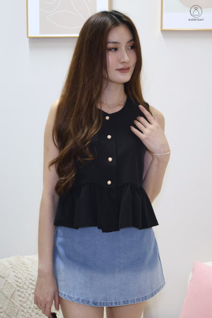 Vann Peplum Flowy Scallop Hems Button Top In Black