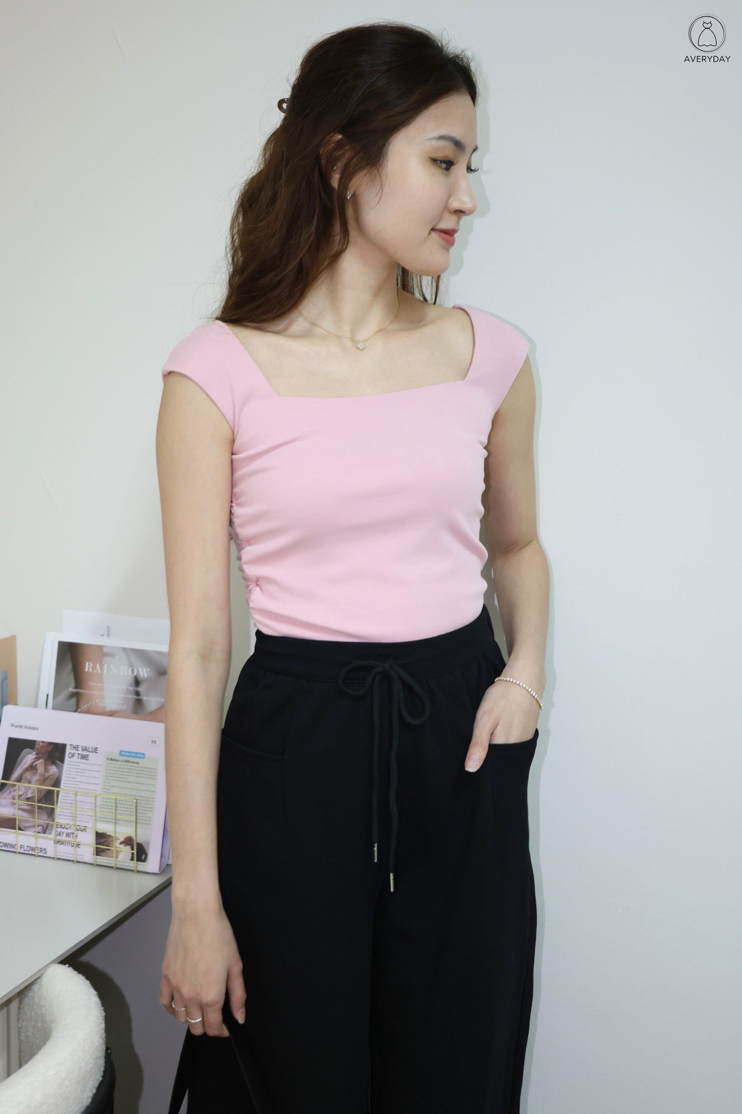 Noelle Square Neck Ruched Top In Pink