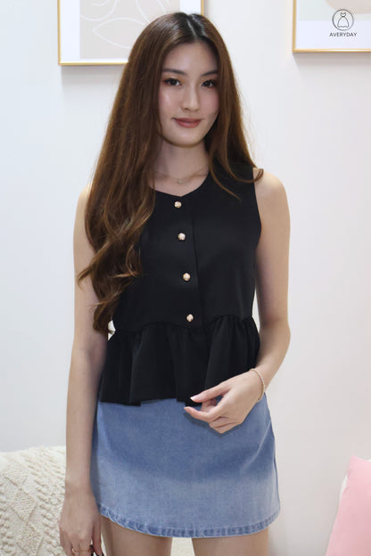 Vann Peplum Flowy Scallop Hems Button Top In Black