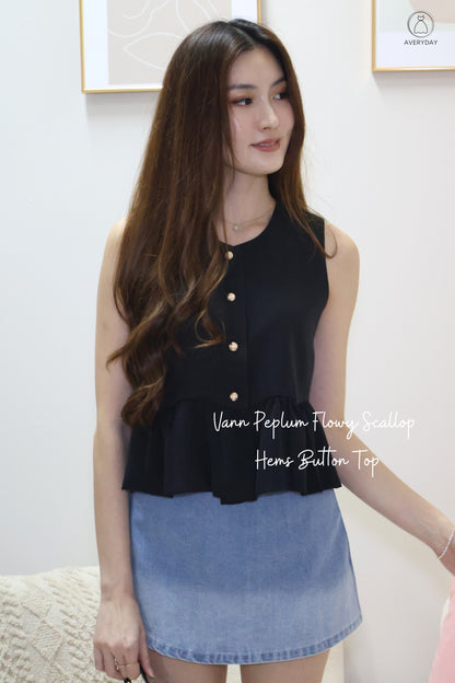 Vann Peplum Flowy Scallop Hems Button Top In Black