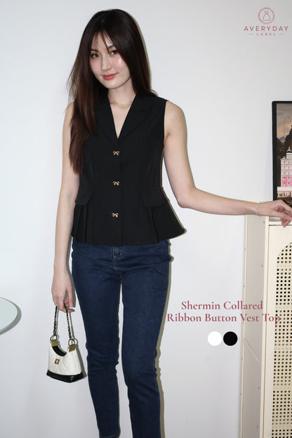 Shermin Collared Ribbon Button Vest Top In Black