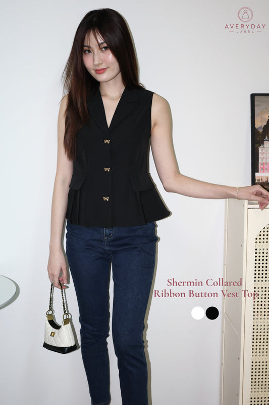 Shermin Collared Ribbon Button Vest Top In Black