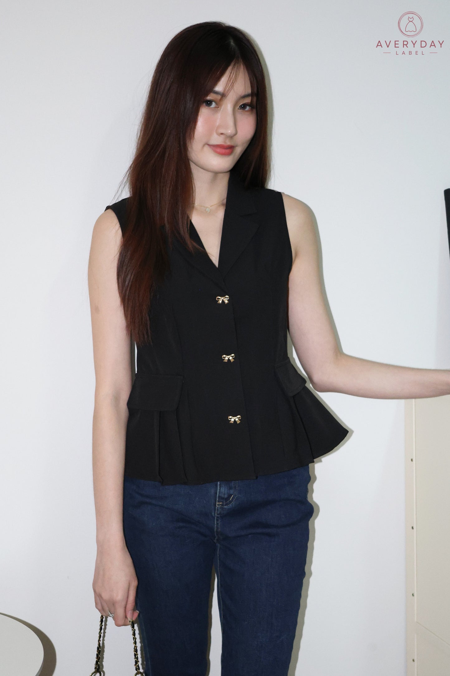 Shermin Collared Ribbon Button Vest Top In Black