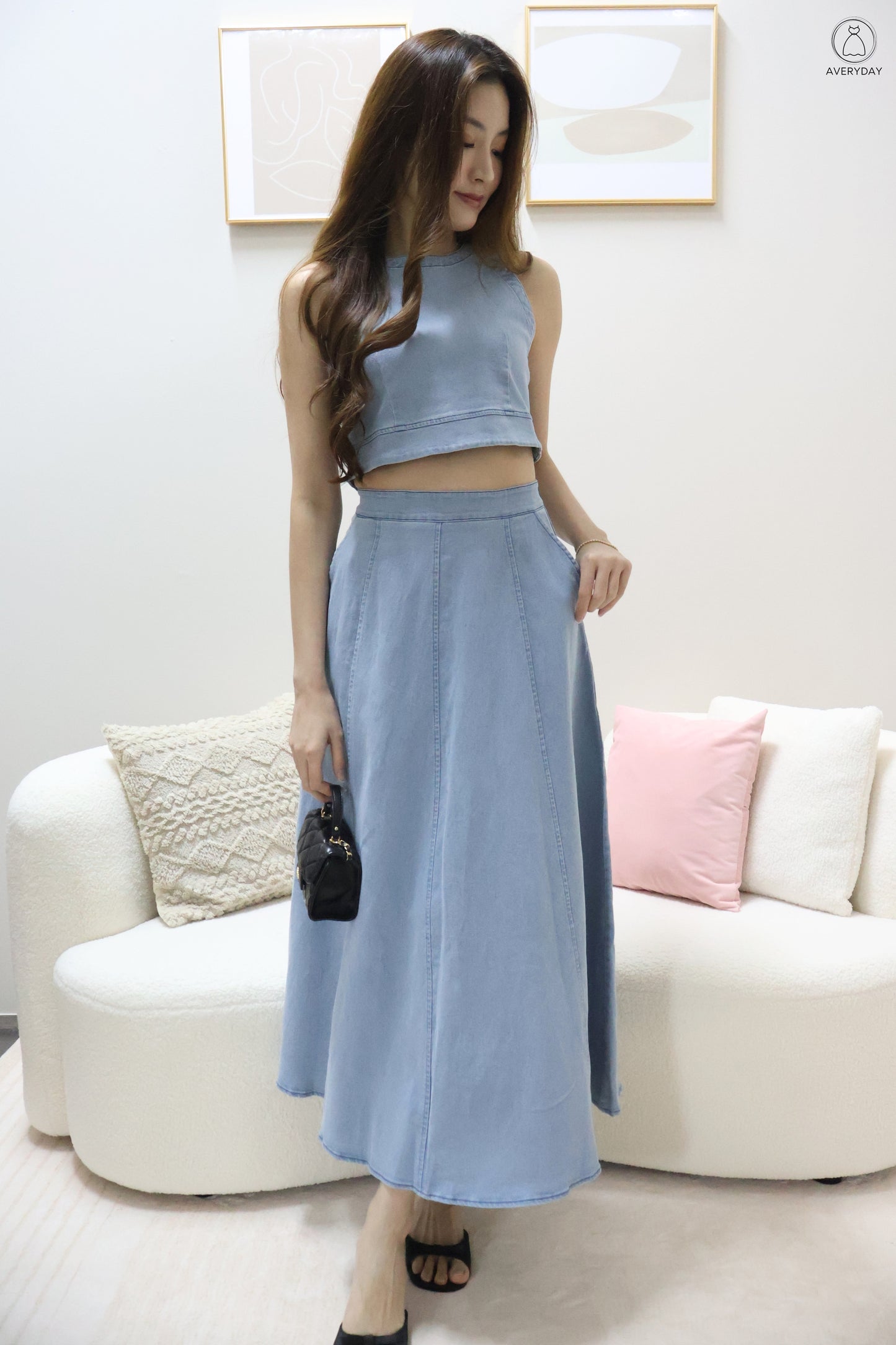 *Editor's Pick* Priya Denim Sleeveless Top & Maxi Skirt Co-Ord Set In Light Wash