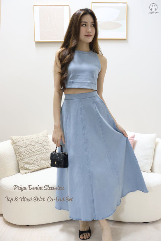 *BACKORDER* *Editor's Pick* Priya Denim Sleeveless Top & Maxi Skirt Co-Ord Set In Light Wash