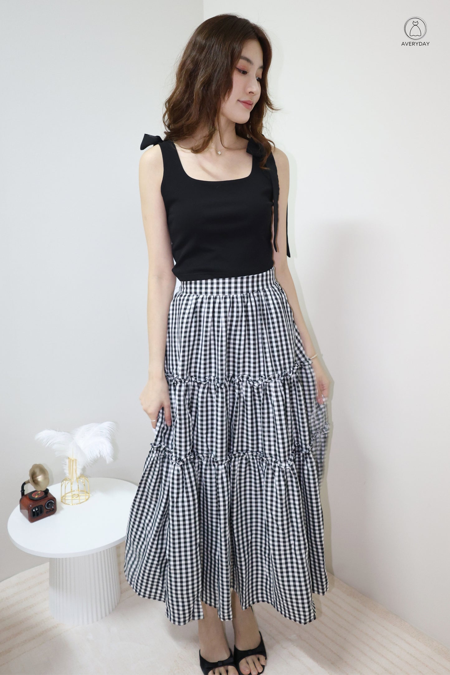 Adora Gingham Layered Pocket Skirt In Black