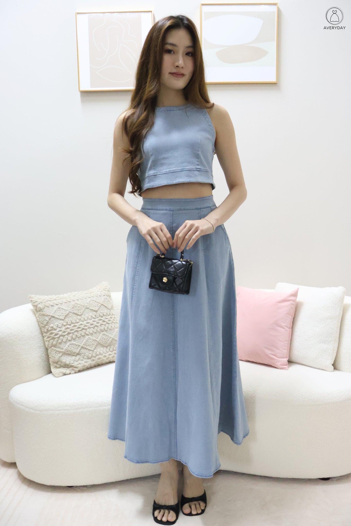 *Editor's Pick* Priya Denim Sleeveless Top & Maxi Skirt Co-Ord Set In Light Wash