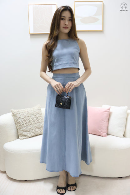 *Editor's Pick* Priya Denim Sleeveless Top & Maxi Skirt Co-Ord Set In Light Wash