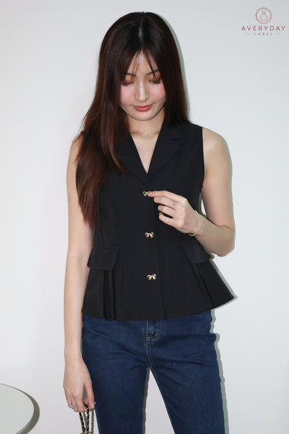 Shermin Collared Ribbon Button Vest Top In Black