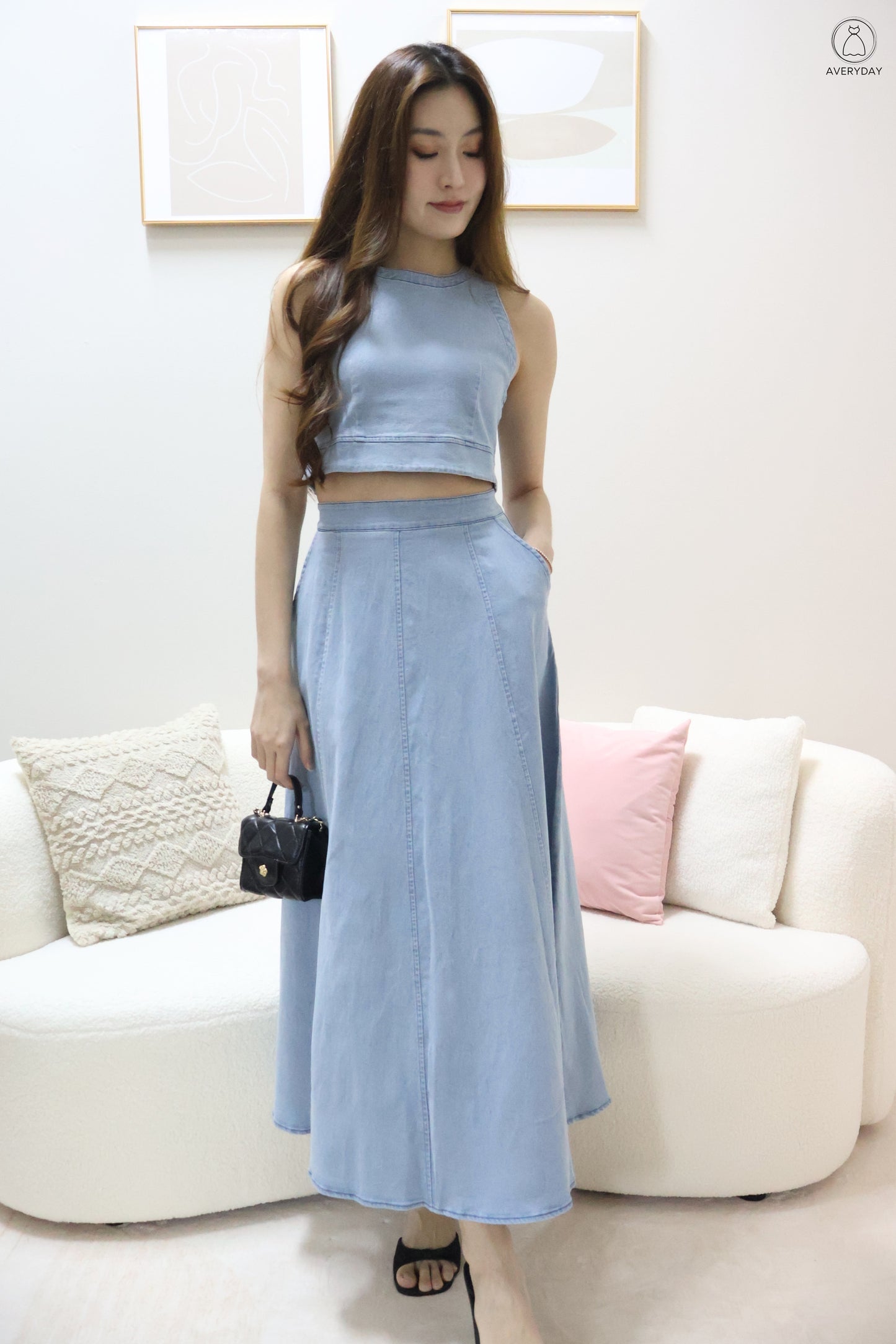 *Editor's Pick* Priya Denim Sleeveless Top & Maxi Skirt Co-Ord Set In Light Wash