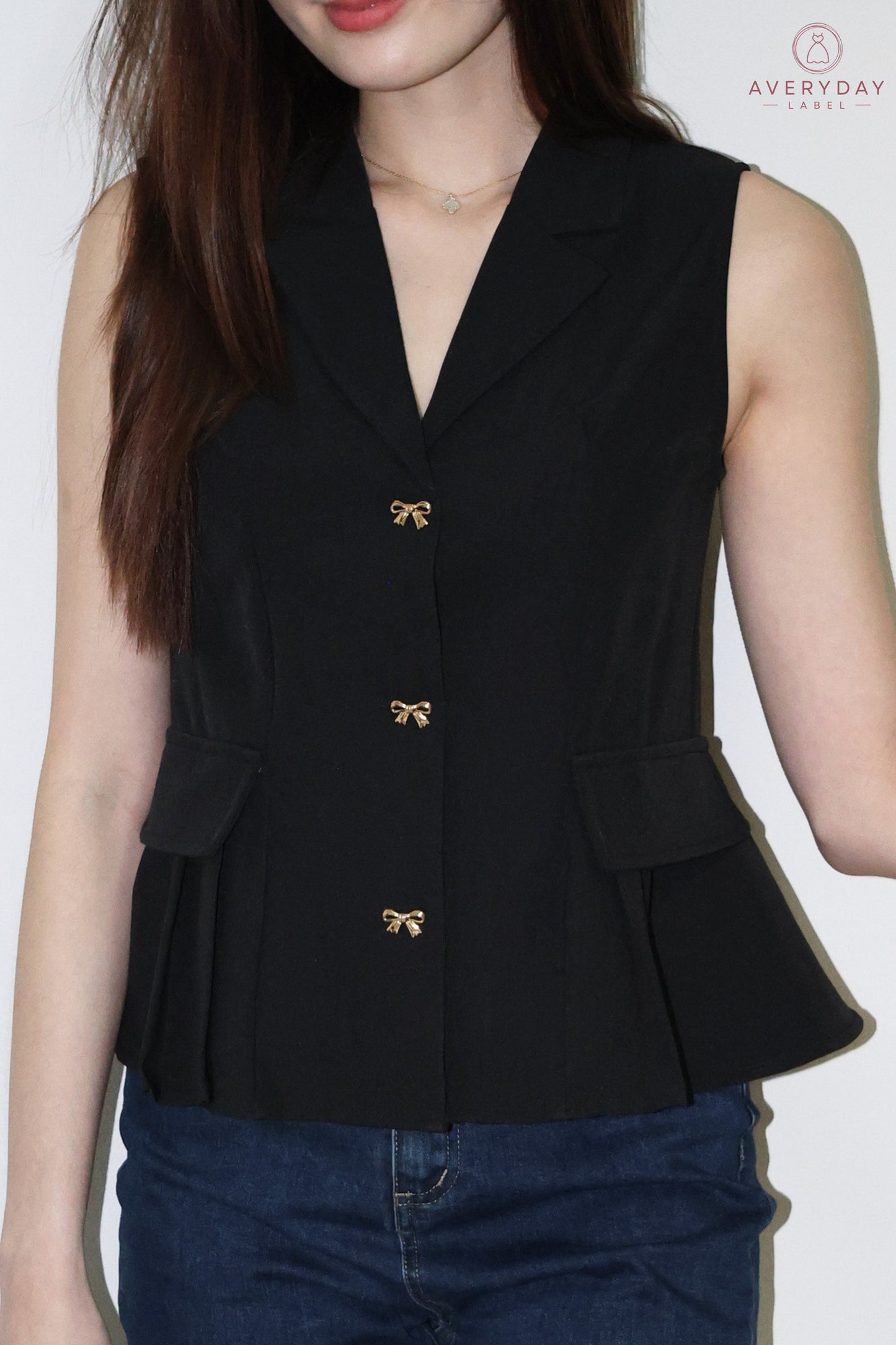 Shermin Collared Ribbon Button Vest Top In Black