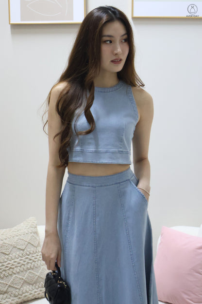 *Editor's Pick* Priya Denim Sleeveless Top & Maxi Skirt Co-Ord Set In Light Wash