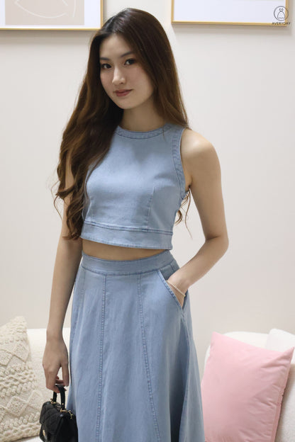 *Editor's Pick* Priya Denim Sleeveless Top & Maxi Skirt Co-Ord Set In Light Wash