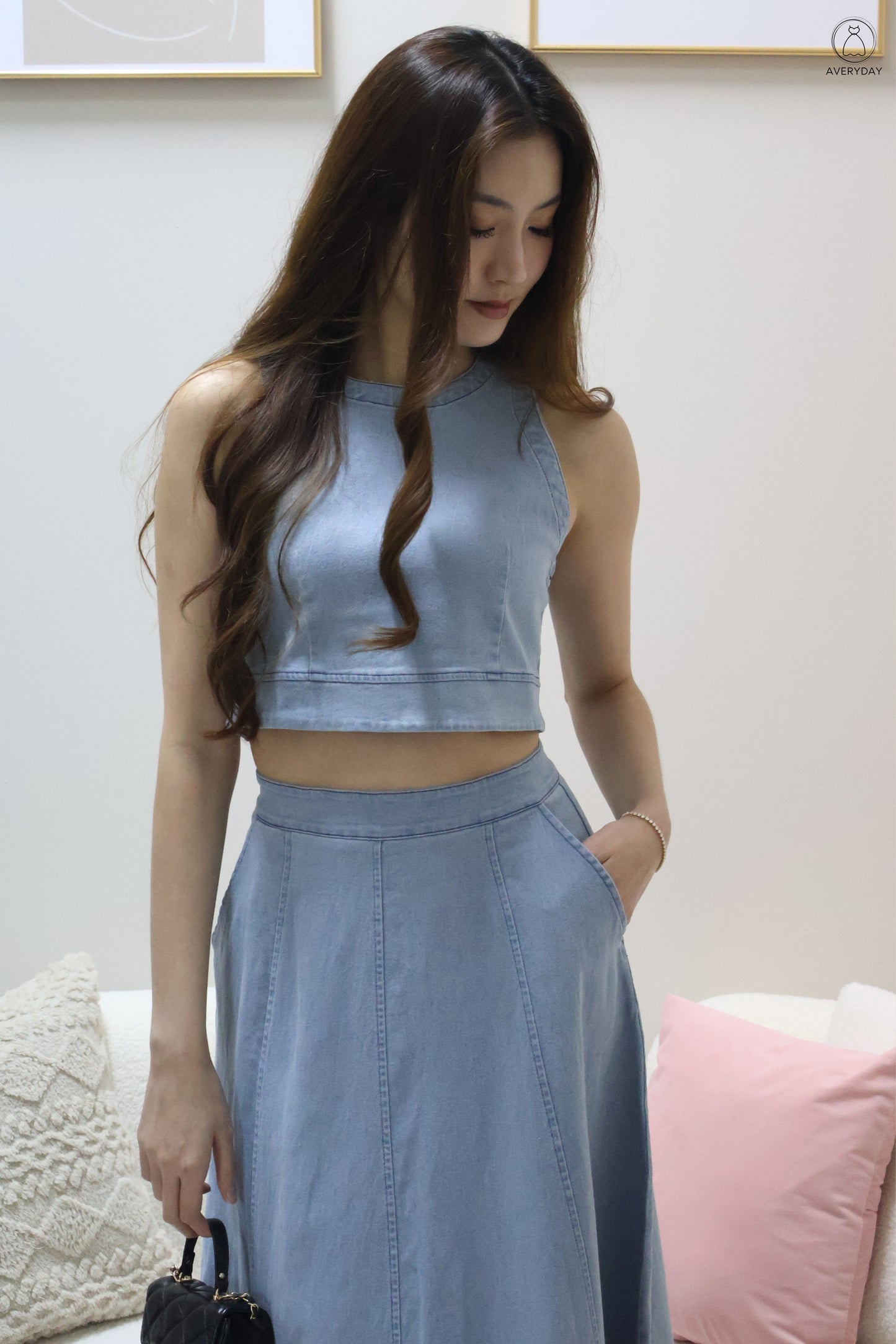 *Editor's Pick* Priya Denim Sleeveless Top & Maxi Skirt Co-Ord Set In Light Wash