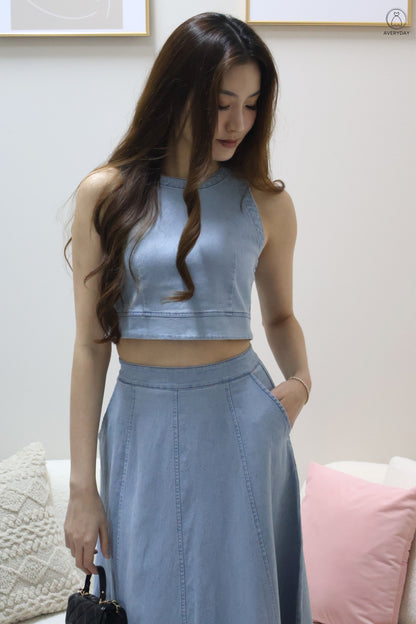 *Editor's Pick* Priya Denim Sleeveless Top & Maxi Skirt Co-Ord Set In Light Wash