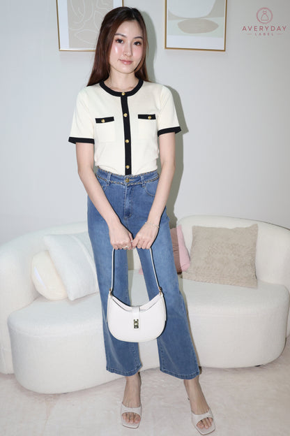 *AVD Label* Gretchen Rose Button Contrast Trim Knit Top In Cream