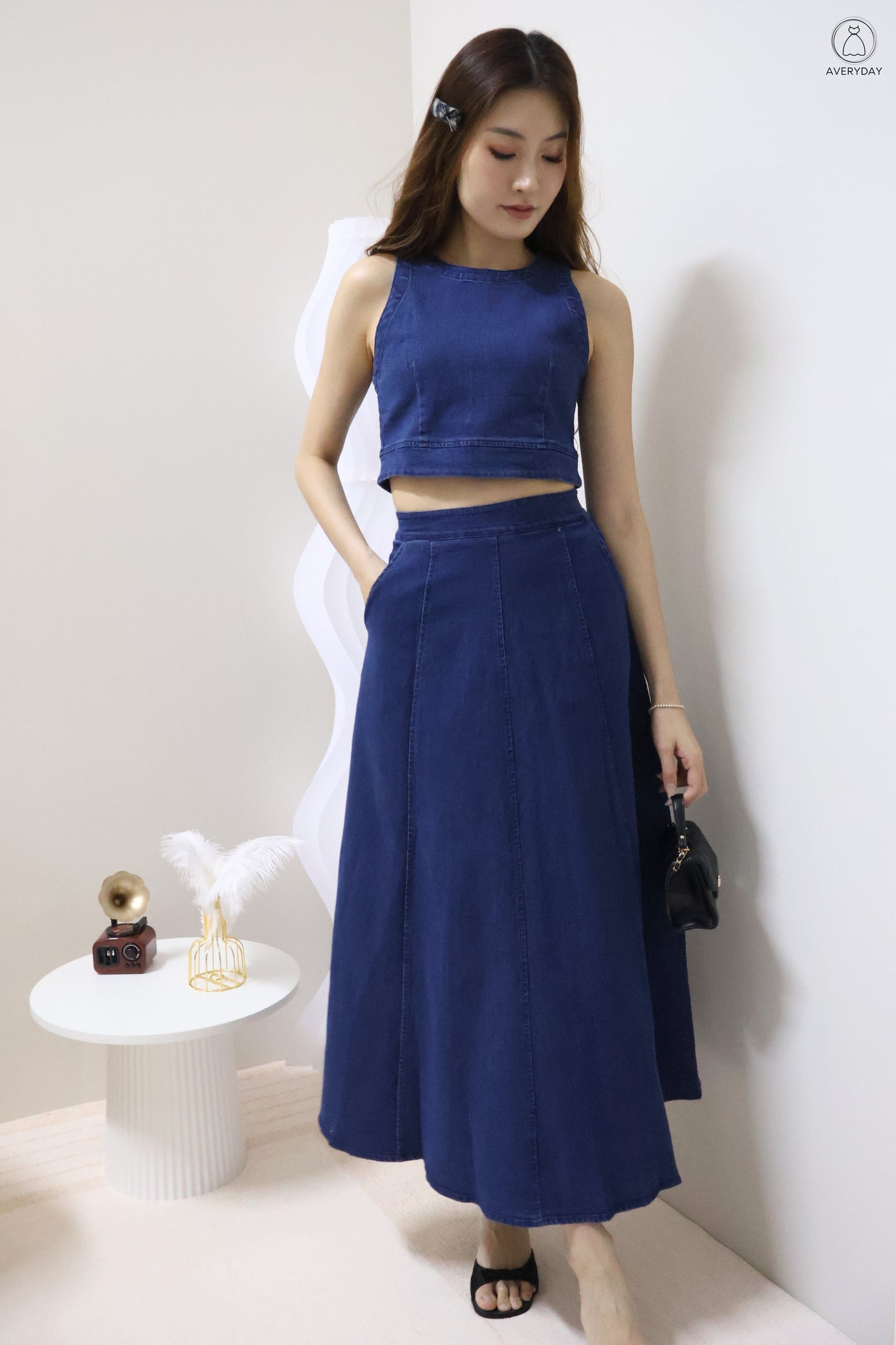 *Editor's Pick* Priya Denim Sleeveless Top & Maxi Skirt Co-Ord Set In Dark Wash