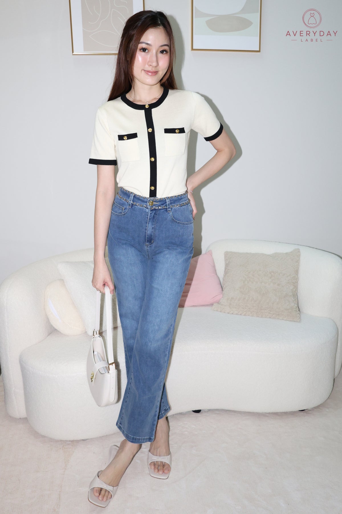 *AVD Label* Gretchen Rose Button Contrast Trim Knit Top In Cream