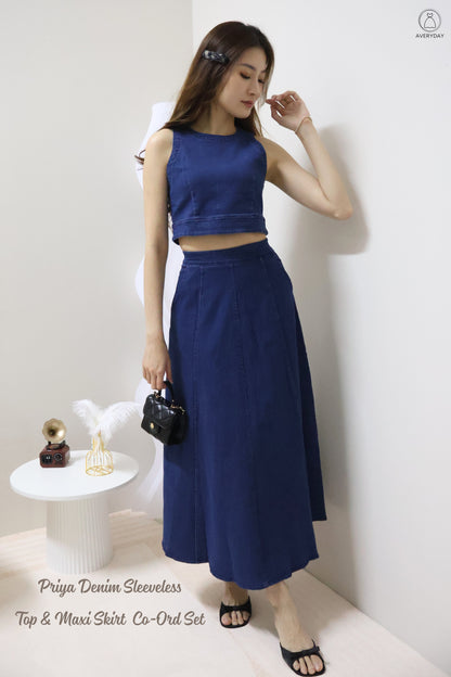 *Editor's Pick* Priya Denim Sleeveless Top & Maxi Skirt Co-Ord Set In Dark Wash