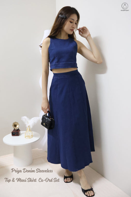 *BACKORDER* *Editor's Pick* Priya Denim Sleeveless Top & Maxi Skirt Co-Ord Set In Dark Wash