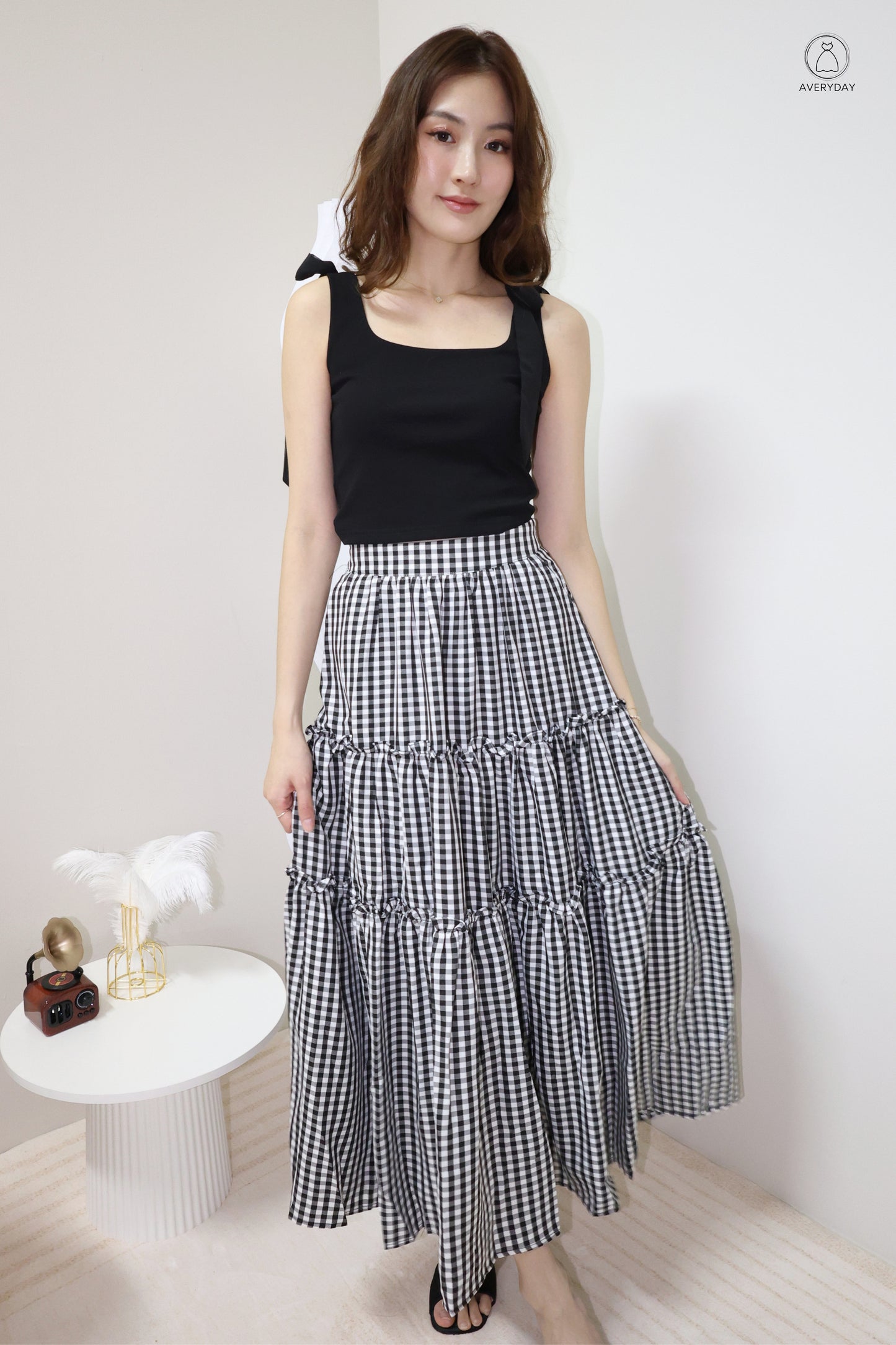 Adora Gingham Layered Pocket Skirt In Black