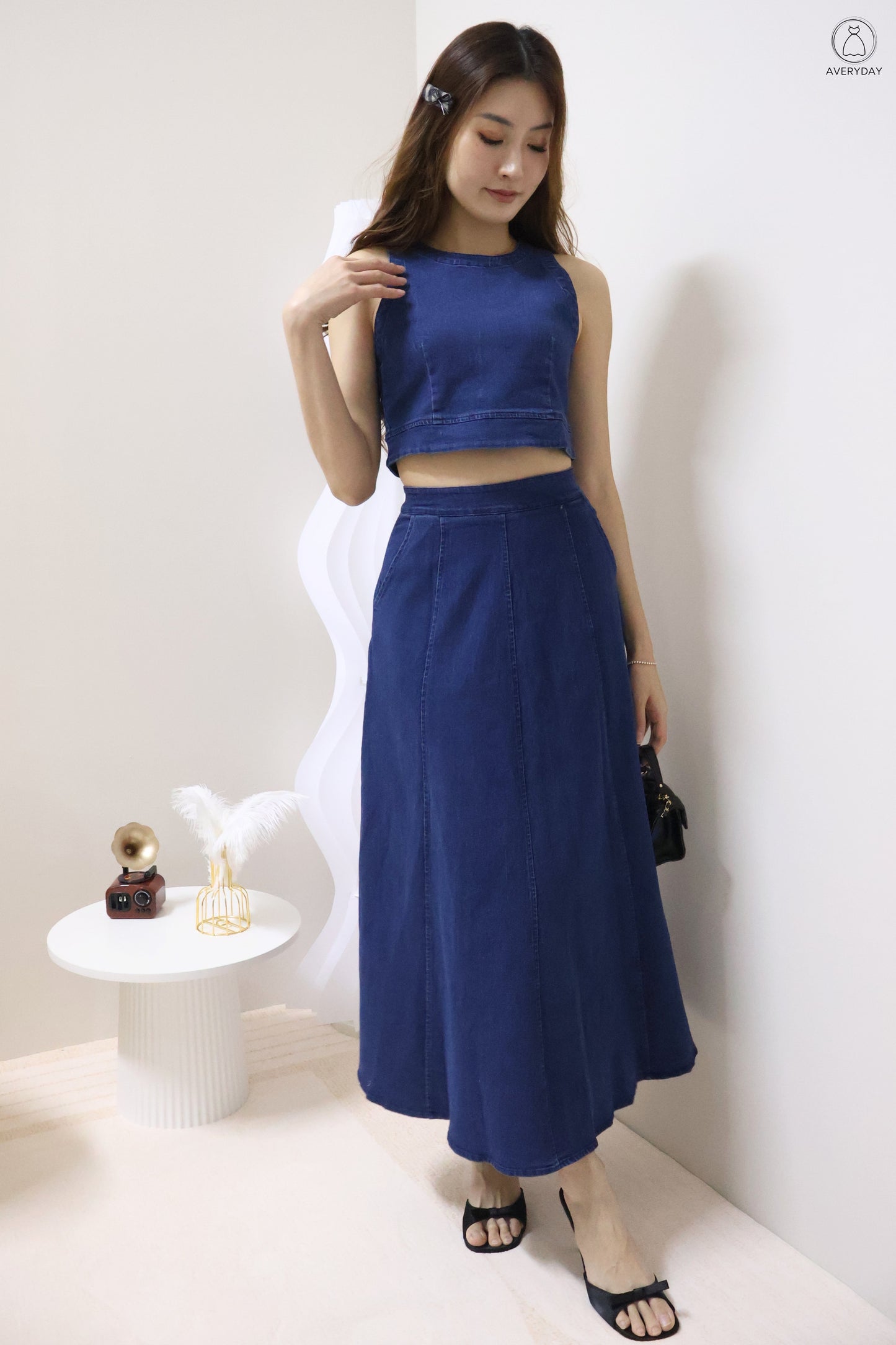 *Editor's Pick* Priya Denim Sleeveless Top & Maxi Skirt Co-Ord Set In Dark Wash